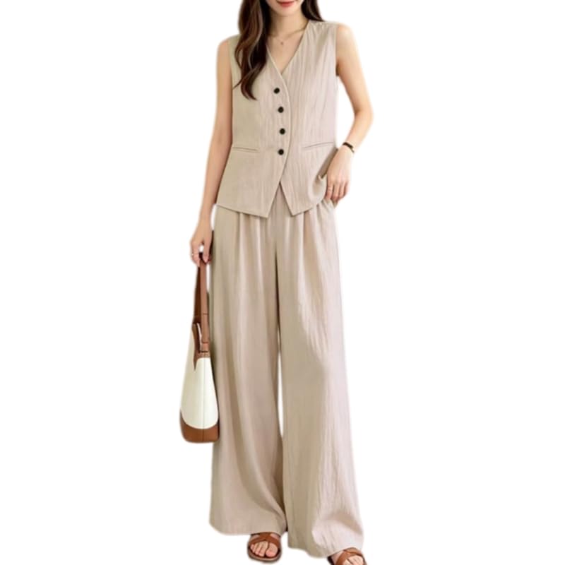 Ensemble deux pièces col en V et pantalon taille haute pour femme