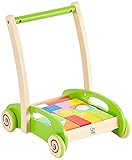 Hape Block and Roll Cart Toddler Wooden Push and Pull Toy Multicolored, L: 13.9, W: 11.1, H: 16.1 inch