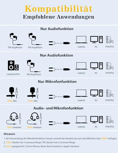 DuKabel Top Series - Tarjeta de sonido USB externa (0,3 m, USB a 2 TRRS, 3,5 mm hembras (audio y micrófono), cable adaptador de audio estéreo en Y, adecuado para PC, PS4, PS5, portátil, altavoces, - imagen 2