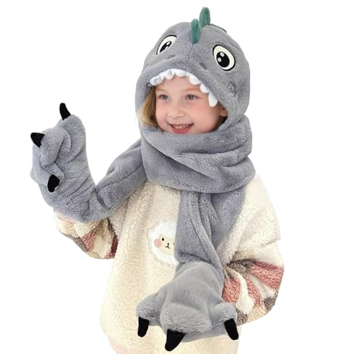 Kids 3-in-1 Hooded Hat Gloves Scarf Set,Cute Dinosaur Faux Fur Hat Plush Warm Earflap Beanie for Boys Girls