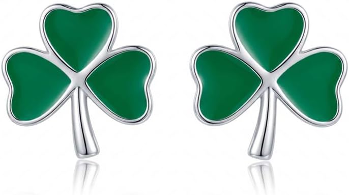 Solid 925 Sterling Silver Green Clover Earrings Stud for Women Teens Shamrock Stud Earrings Green St Patricks Day Earrings