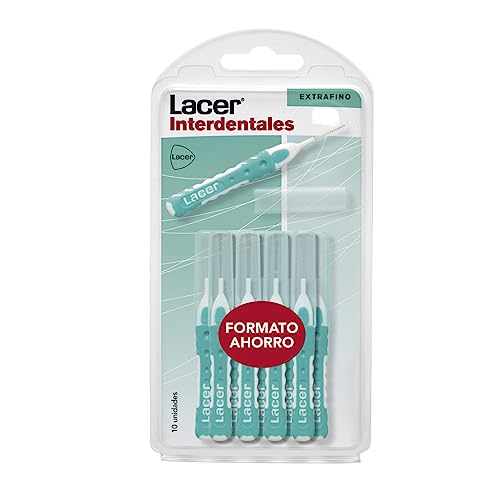 LACER - Cepillo Interdental Recto Extrafino Pack 10 Unidades, Mango Bimaterial y Antideslizante, Cuello Flexible, Máxima Eficacia, Filamentos Tynex, Previene y Elimina la Placa Bacteriana