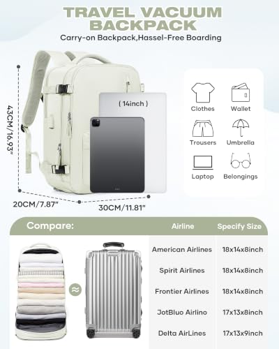 Image of suradar Vacuum Seal Travel Backpack Built-in Pump,Air Compression System Vacuum Vacpack Backpack Travel Bag for Women Men Carry On Suitcase Luggage Laptop Airlines Approved Space Saver Bags White