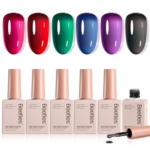 Beetles Jelly Gel Nail Polish Set - Jelly Magic Gel Polish, 6 Colors Jelly Gel Polish Kit Pink Red Black Blue Green Purple Sheer Translucent Effect Soak Off UV Manicure DIY Gift for Women