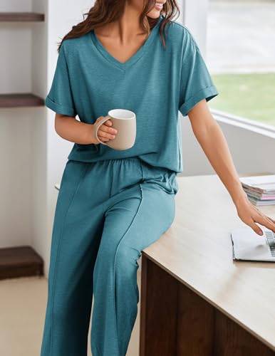 Image of Ekouaer Pajamas for Women Set 2 Piece Short Sleeve Tops with Long Pants V Neck Soft Pjs Casual Lounge Set with Pockets