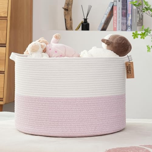 Image of COMFY-HOMI New Extra Large Blanket Storage Basket 21''x21''x13.6''|Toy Organizers and Storage|Cotton Rope Woven Round Basket for Blanket|Baby Basket for Newborn-White/Pink