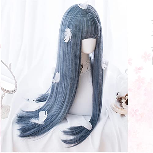 Perruque droite gris bleu naturel avec frange longs cheveux lisses