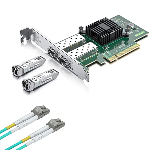 Tarjeta de Red 10Gb SFP+ PCI-E con 2 Módulos 10G MultiMode SFP+ LC y Cable de Fibra OM3 LC a LC de 3m, Doble Puerto SFP+, PCIe X8, Soporta Windows Server, Linux y VMware