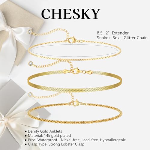 CHESKY Gold Ankle Bracelets for Women, 14k Gold Plated/Sterling Silver Anklet Bracelet Set Layered Glitter Box Paperclip Figaro Cuban Link Anklets for Women, Waterproof Summer Gold Jewelry Gifts