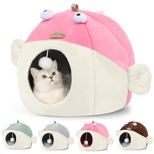 Vanansa Cat Bed for Indoor Cats, Large Covered Cat Bed with Anti-Scratch Lining, Ultra Soft Cat Hideaway, Warm Cute Cat House with Hanging Toy, Pet Bed for Large Cats, Puppy Dog 9-13LB (L, 18″ x 15″)