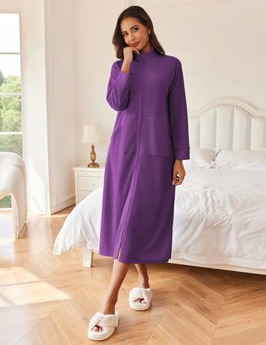 Image of Ekouaer Women Zipper Robe Long Sleeves House Coat Soft Bathrobe Sleepwear with Pockets Housecoat Loungewear