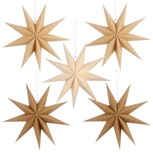 Image of 12 Inches 5 PCS Brown Paper Star Lanterns Hanging Khaki Stars Christmas Party Decorations Hanging Beige Lampshade Christmas Wedding Birthday Christmas Home Party Decorations (9 Pointed)