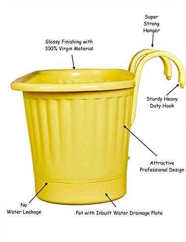 mastBus Plastic Hanging Pots for Balcony and Stairs Railing, Indoor/Outdoor Gardening Containers (Yellow, 15 inch)