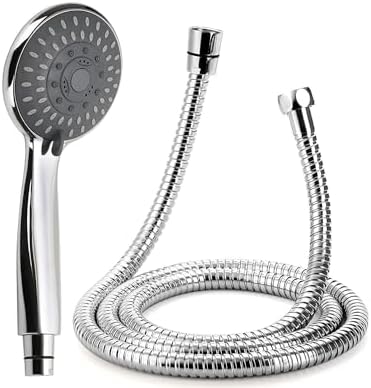Shower Heads Handheld and Shower Hose, CompraFun Power Showerhead Sprayer Stainless Steel 5 Functions Bathroom Handheld Showers High Pressure Water-Saving Universal Shower Plumbing with Shower Hose, Brass Coupler, Polished Chrome, Powerful Jets