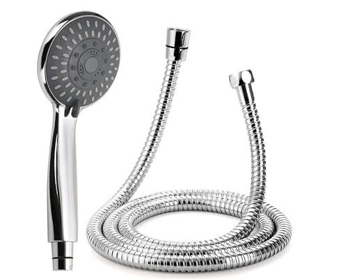 Shower Heads Handheld and Shower Hose, CompraFun Power Showerhead Sprayer Stainless Steel 5 Functions Bathroom Handheld Showers High Pressure Water-Saving Universal Shower Plumbing with Shower Hose, Brass Coupler, Polished Chrome, Powerful Jets