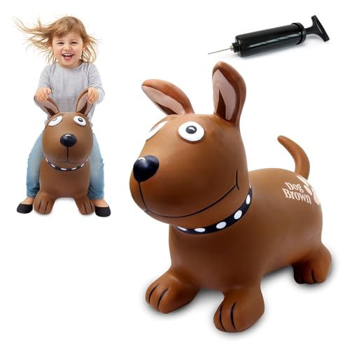 Jouet sauteur chien marron gonflable pour developper l equilibre et la motricite des 12 mois