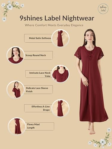 Image of 9shines Label Stylish Soft Modal Maxi Nighty | Honeymoon Nighty | Full Length Trendy Nightgown | V-Neck Lace | Premium Nightdress | Soft Long Nightdress | Maxi Gown Nightwear for Women (Malai Satin)