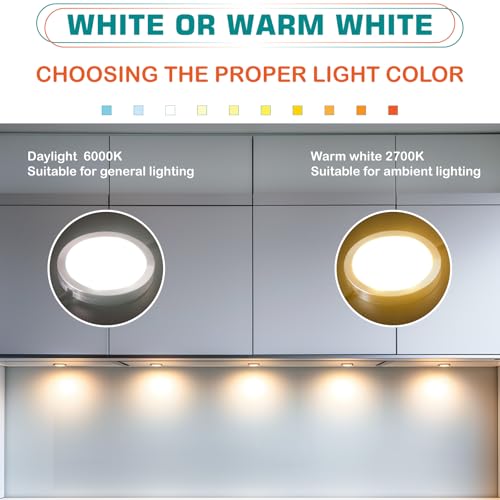 Image of Small LED Puck Lights for Uplight or Downlight, 120V Hardwired & Plug in Under Cabinet Lights Kit, RF Remote Control Dimmable, Daisy Chained Linkable, Black Wires, Daylight, 12 Lights