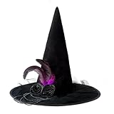 DERAYEE Halloween Witch Hat, Black Velvet Witches Hat for Women Halloween Party Cosplay