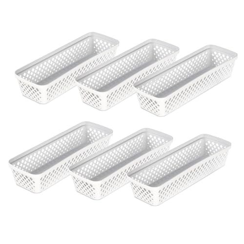 Image of Glad Plastic Storage Basket Set - Multipurpose Drawer Trays, Kitchen Pantry Containers, and Bathroom Bins - 6 Pack Narrow Organizers, White