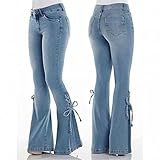 Pantalon Jean Femme Grandes Tailles, Pantalon éVasé Femme à Taille Moyenne Extensible Jean Bootcut à Jambe Large à Lacets Denim Stretch de Mode Couleur Unie Coupe Slim Longueur Jeans Pantalons