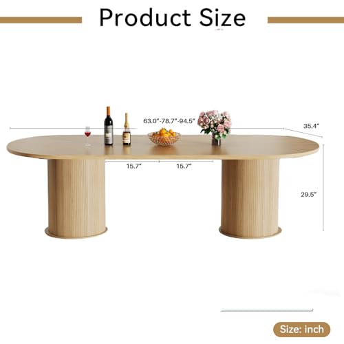 Image of 63 inch-94 inch Large Oval Extendable Dining Table for 6 8 10, Wooden Expandable Kitchen Table with Fluted Cylindrical Storage Base, Modern Farmhouse Expanding Table for Dinner Party Family Gathering, Natural