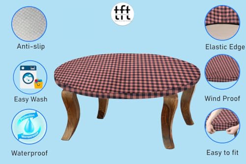 Image of The Furnishing Tree Round Elastic Fitted Center Tpoy Table Cover WxL 18x18 Inches Checkered Pattern Beige