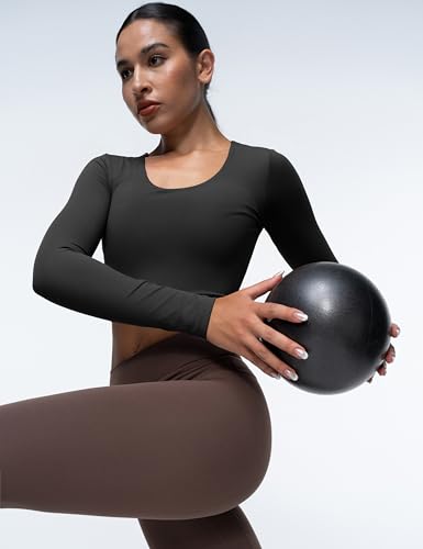 Womens Long Sleeve Shirts Workout Crop Tops Yoga Tee Built in Bra Mild Support Cream Feeling Athletic Top U-Neck4