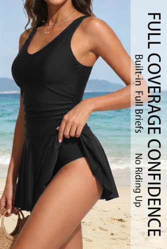 Image of Tummy Control One Piece Swimdress Womens Ruched Vintage Swimsuit Skirt | Slimming Ruched, Supportive Wide Straps, Removable Pads, Elegant Skirt, Secure Built-In Bottom, Tropical Swimwear