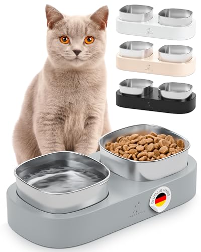 Pretty PAW® Fressnapf Katze erhöht – 2X ergonomischer Katzenapf & Futternapf Katze auf erhöhter Plattform | Doppelter Katzennapf im Napfset mit Edelstahl-Schalen | rutschfest & ohne Verschütten