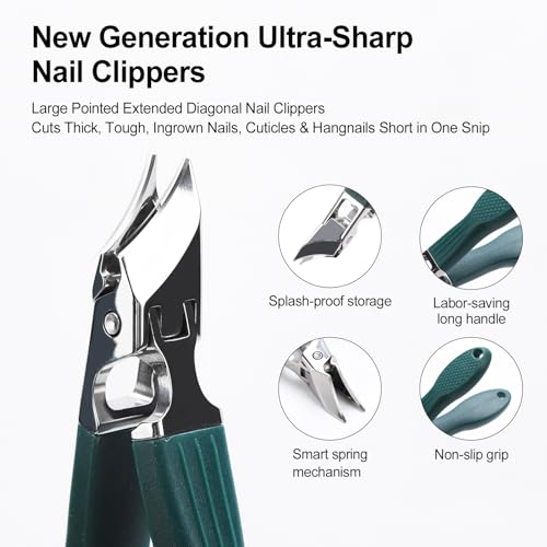 Image of Eagle Beak Nail Clippers for Ingrown & Thick Nails - Beveled /Slanted /Angled Blades, Long Handle Wide Jaw, Anti-Splash Ultra Sharp Stainless Steel Edge 3-Piece Set for Men /Women (Green)