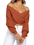 ZCSIA Women's Wrap V Neck Cropped Sweaters 2024 Fall Long Sleeve Cross Front Off Shoulder Solid Knitted Pullover Tops,Orange,Small