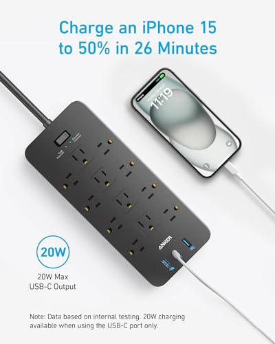 Anker Power Strip with 2100J Surge Protector, Outlet Extender, 20W, 12 AC - image 7