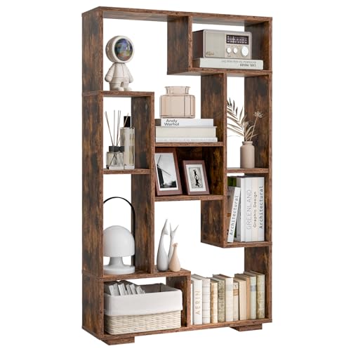 CASART Geometric Bookshelf, 120cm Tall Wooden Freestanding Bookcase with 11 Cubes & Anti-Toppling Devices, Home Office Display Shelf Open Shelving Unit for Living Room Bedroom Study (Rustic Brown)