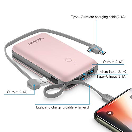 Power Bank Topmate 10000mAh Portable Charger with Built-in Type-C Micro & iOS Cable as Lanyard | Artifice Design for Cellphone and Pad etc. |Pink