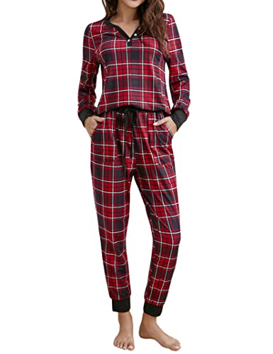 Clearlove - Pigiama da donna, a maniche lunghe, in 2 pezzi, biancheria da notte, casacca da loungewear, Colore: rosso, S