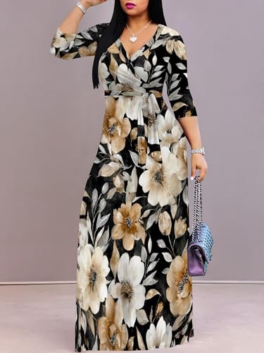 Image of Women's V Neck Floral Maxi Dress 3 /4 Sleeve Plus Size Boho Wrap Flowy Long Dresses with Belt