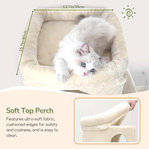 Image of Globlazer Heavy Duty Cat Tree for Indoor Cats Large Adult, F52B, Beige | 3 Condos, Extra-Large Baseboard, Removable Top Perch, 4 Sisal Posts & Board, Hanging Basket, Anti-Topple Strap, Easy Setup