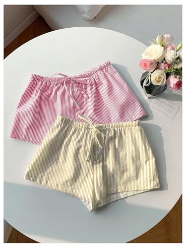 Image of MakeMeChic Women's 2 Pack Linen Shorts Striped Gingham Boxer Shorts | Summer, Beach Shorts, Cover Up, Pajama, Lounge