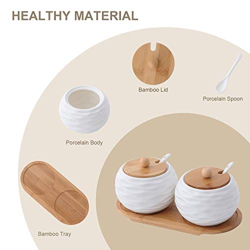 Tamaykim 20 Oz Large Size Porcelain Sugar Bowls With Spoon, Tray And Bamboo Lid, Ceramic Condiment Pots, Salt Storage Canister, Seasoning Containers Boxes, White Round Wavy Jar For Kitchen, Set Of 2 #TOP2