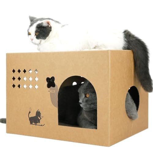Large Cardboard Cat House for Multi-Cat Household (43x30x30cm), 2-in-1 Cat Scratcher Box with 2 Scratching Pads, Sturdy Corrugated Cat Lounge Bed & Condo for Indoor Cats