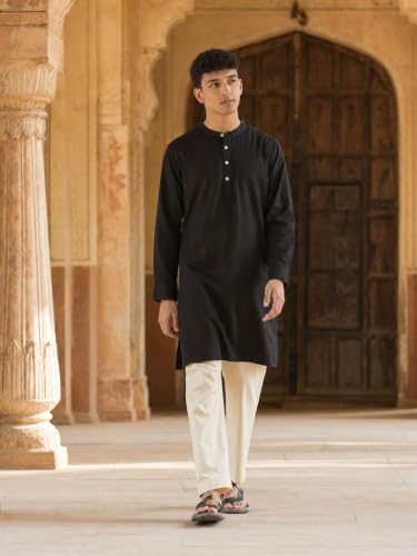 Image of SAADAA Men's Long Kurta - Linen Cotton Blend, Airy Fabric, Regular Fit, Mandarin Collar, Solid Color - Casual, Festive & Ethnic Wear