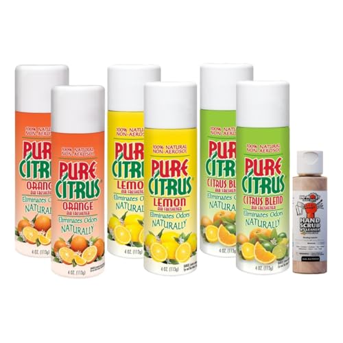 Pure Citrus Non-Aerosol Air Freshener Spray 4 oz (Orange Lemon & Citrus Blend) 2 Packs Each Bundled with 1 Pack DU-MOST Walnut Hand Scrub Travel Size 4 oz