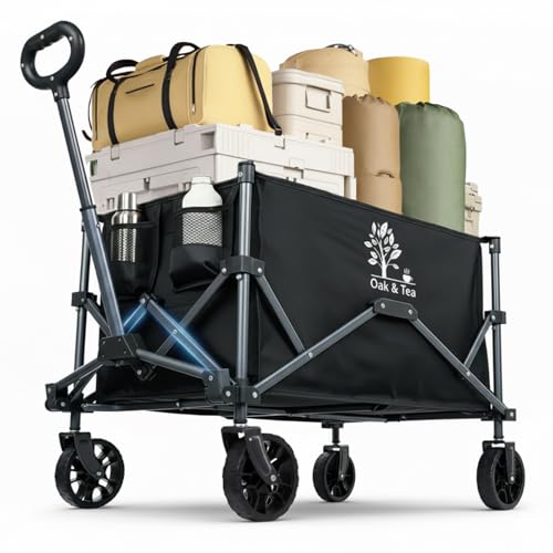Oak & Tea Bollerwagen Faltbar 100L 90KG Tragkraft, Klappbarer Handwagen mit Automatischem Rücksprunggriff, Entfernbaren Rädern, Getränkehaltern & Tasche, Kompakt für Camping Outdoor Garten Einkaufen