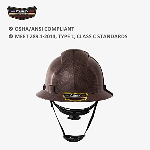 Protectx Premium Full Brim Hard Hat, Cascos De Construccion For Safety, Vented, 6-Point Adjustable Ratchet Suspension, Brown, Osha/Ansi Compliant #TOP3