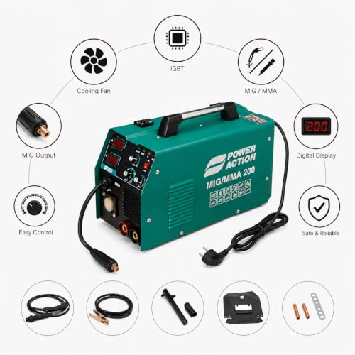 Image of Sulfar Power Action IGBT Welding Machine MIG /MMA200 Voltage 160-240V-50Hz No Load Voltage 65V, Current Range 20-200A Max Input Current: MMA: 27A MIG: 25A With Two LCD Display (200, Green)