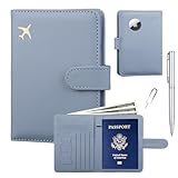 GOAUS Passport Holder for Travel with AirTag Slot Cards Cash Pocket, Faux Leather Travle Wallet Gifts for Women Men RFID Blocking Book Case Blue, AirTag Not Included