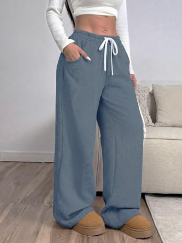 Image of Women's Trendy Korean Trouser with Pockets, Casual Corduroy Stretchable Baggy Loose || High Rise Elastic Waist Going Out Lounge Pants || Wide Leg Pants for Woman