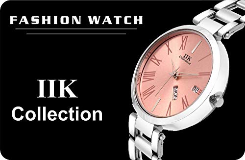 Image of IIK COLLECTION Watch for Women Round Studded Dial |Day and Date Quartz Movemnet |Long Battery Life|Stainless Steel Bracelet Chain Strap|Double Lock Clasp Safety Watches for Girls