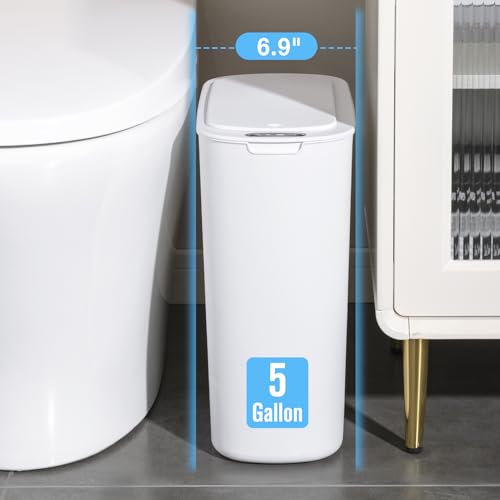 Cesun 5 Gallon Automatic Bathroom Trash Can, Touchless Motion Sensor Garbage Can with Lid, Smart Plastic Slim Wastebasket for Bathroom, Office, rv, Bedroom, Living Room, White